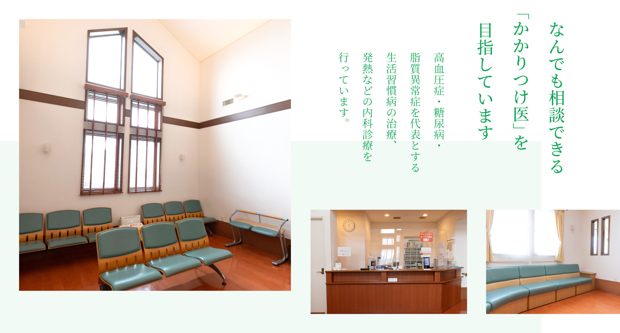 なんでも相談できる「かかりつけ医」を目指しています　高血圧症・糖尿病・脂質異常症を代表とする生活習慣病の治療、発熱などの内科診療を行っています。
